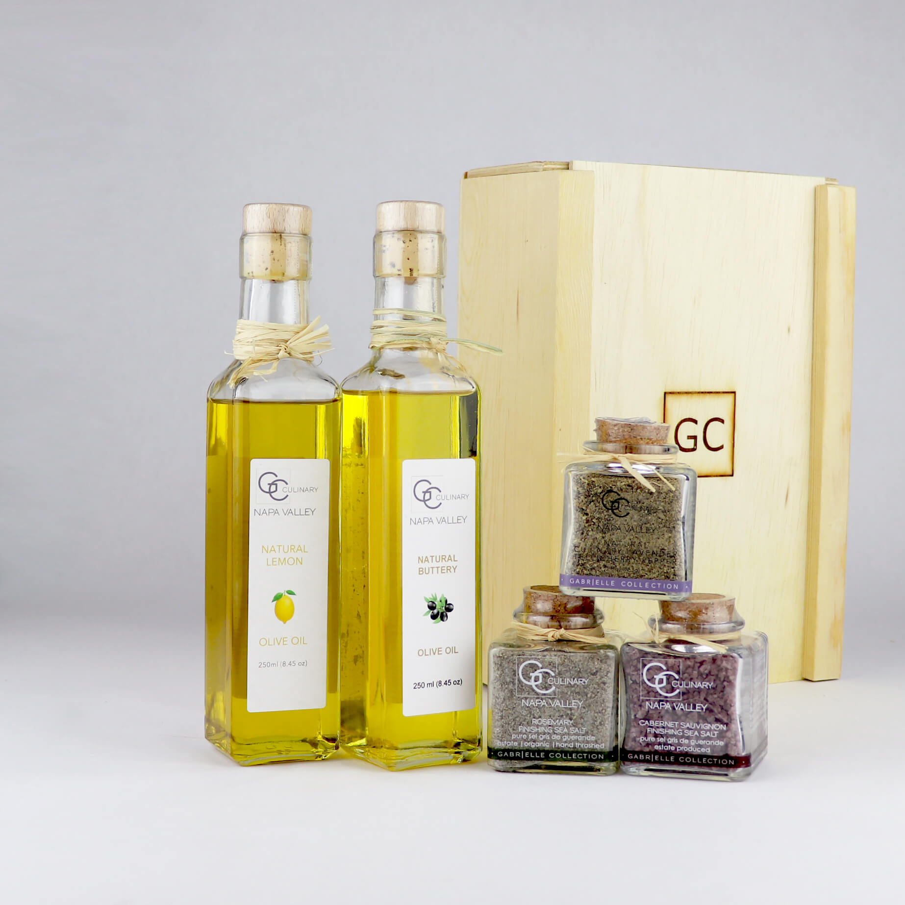 Gift Box Wood 2 olive Oils 2 salts 1 pepper