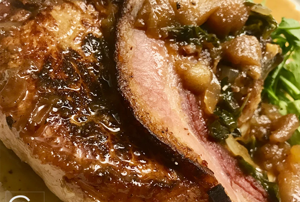 Rosemary and Lavender Brined Pork Chops with Calvados Flambéed Apples