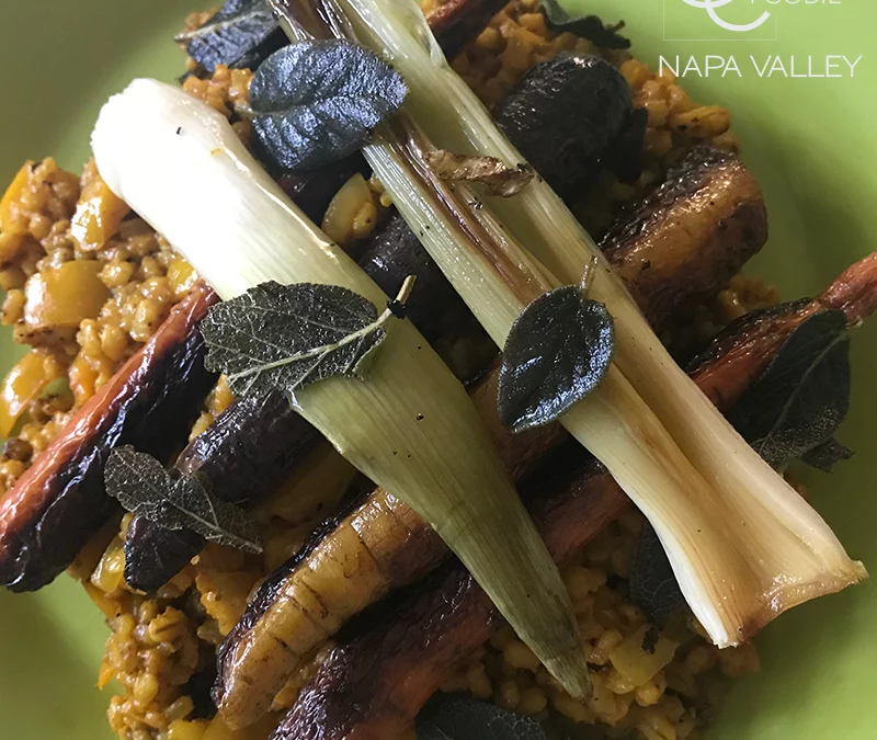 Turmeric Barley with Caramelized Root Vegetables and Crispy Sage Leaves