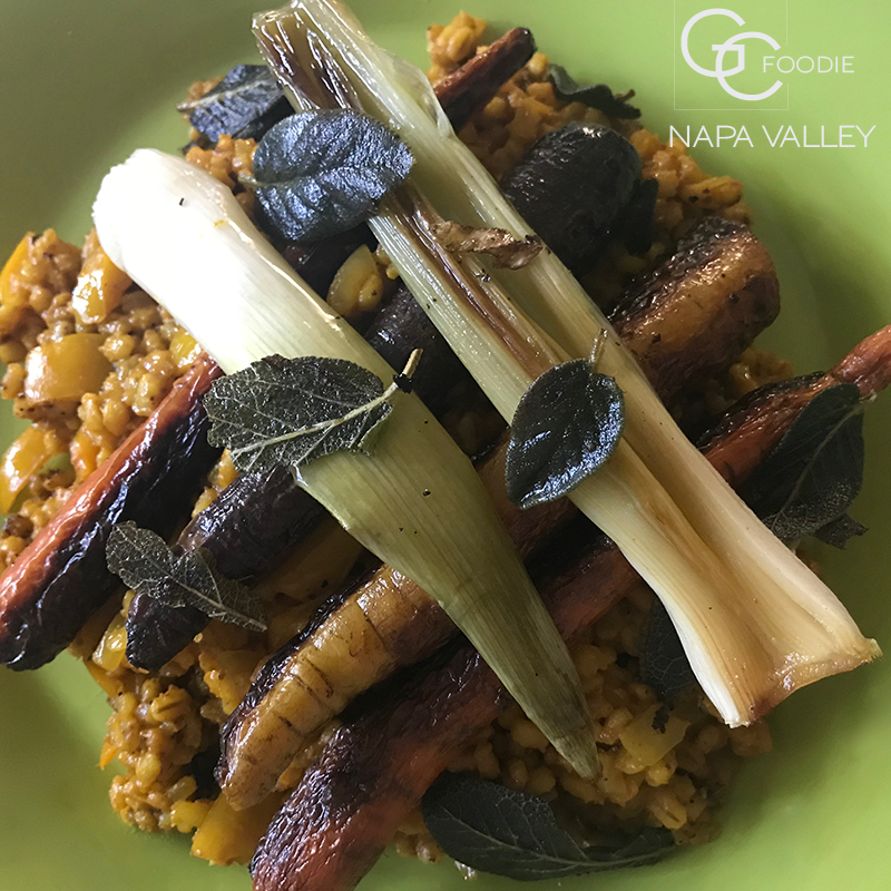 Turmeric Barley with Caramelized Root Vegetables and Crispy Sage Leaves