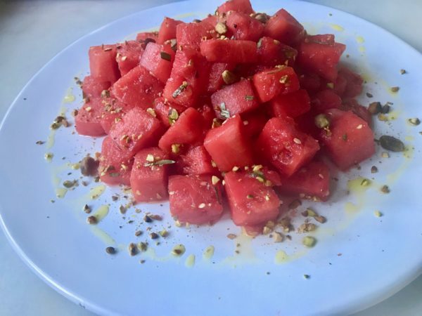 Wild Fennel Sea Salt Cured Watermelon with Orange Olive Oil and Toasted Pistachios